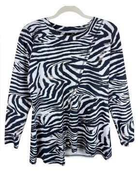 Ethyl Black White Tan‎ Zebra Print Long Sleeve Faux Suede Pullover Top Size M